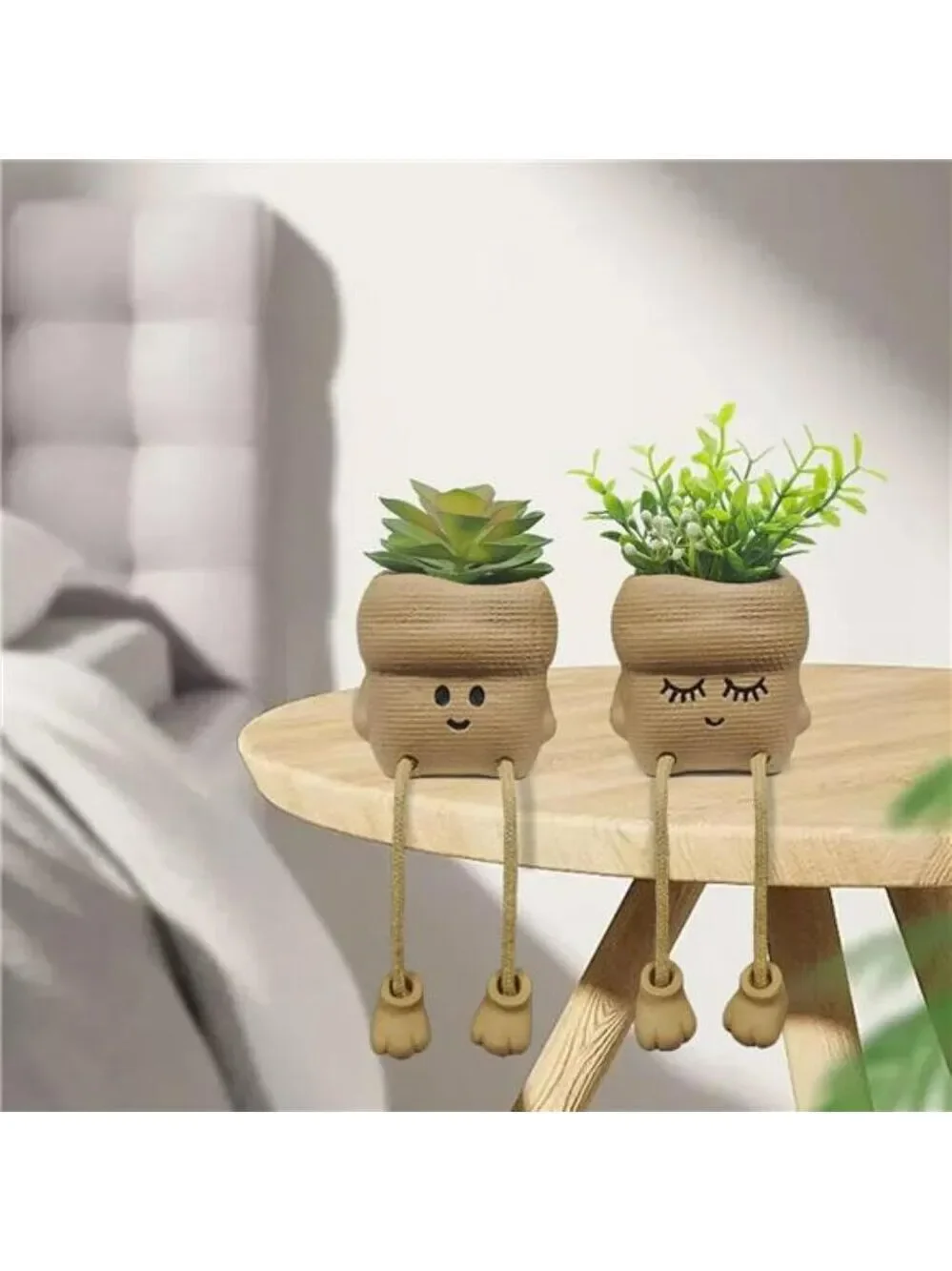 Set of 2 Smiley Face Succulent Planters with Artificial Plants Small Home Office